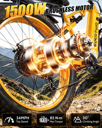 Electric Bike, 1500W Peak 28+ MPH 26" Fat Tire Electric Bicycle, 60+ Miles Off-Road E Bike for Adults