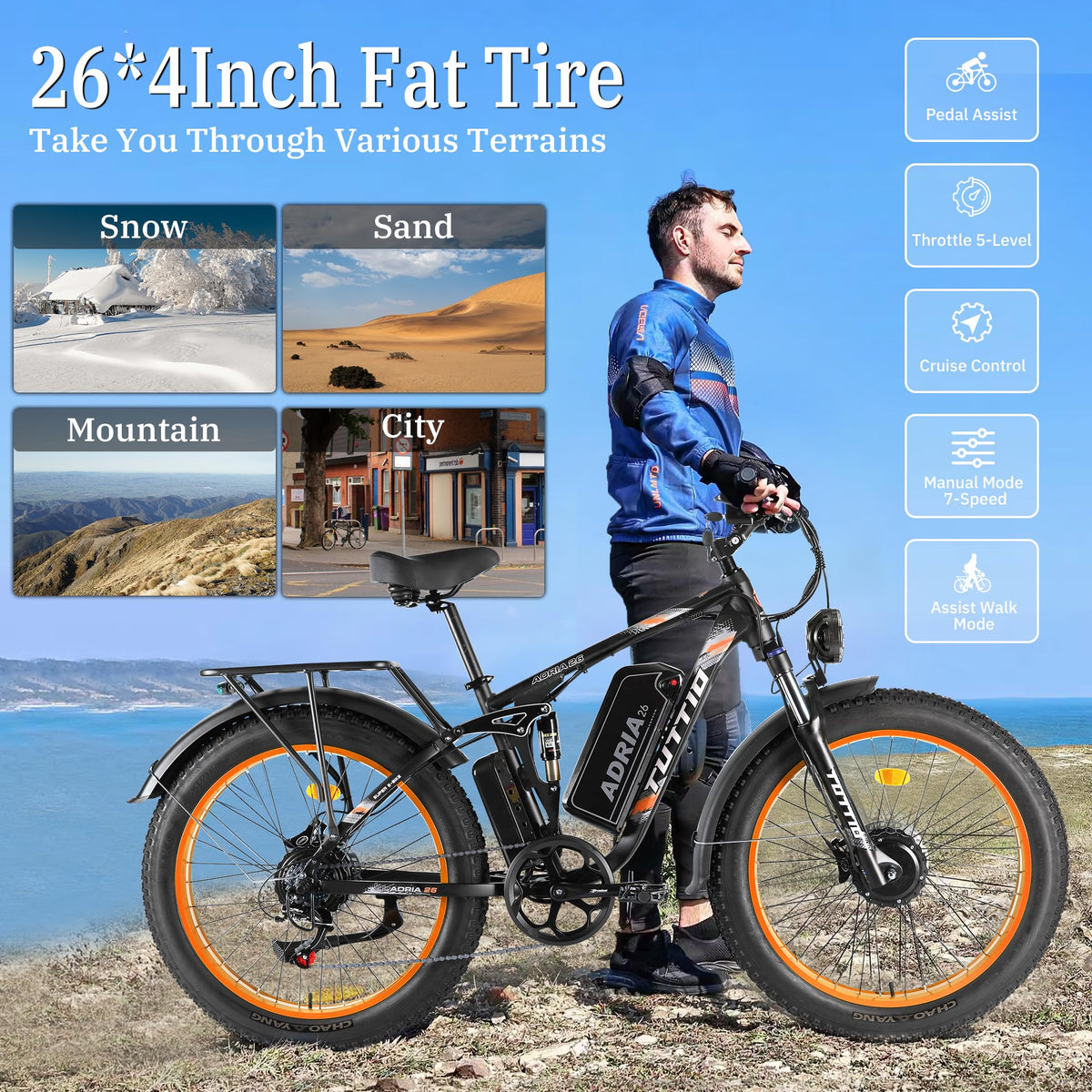 Adria26 Peak 5000W/6000W Dual Motor Ebike, 40-46MPH Electric Bike for Adults, 26" x 4" Fat Tire Electric Mountain Bike