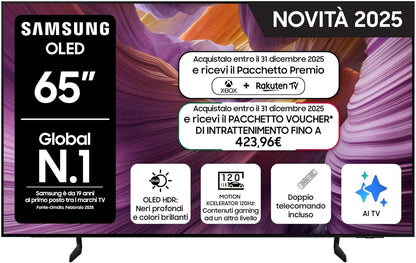 OLED 4K Vision AI Smart TV 65'' QE65S85FAEXZT, NQ4 AI Gen2 Processor, 4K AI Upscaling, Glare Free, Dolby Atmos & OTS Lite, Contour Design, PACCHETTO INTRATTENIMENTO, 2025