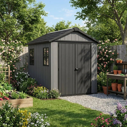 Keter 7’x7.5′ Newton Plus Side Entry Plastic Shed Dark Grey