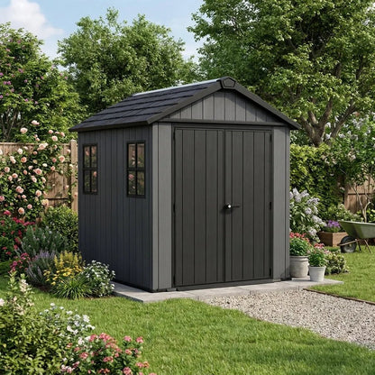 Keter 7’x7.5′ Newton Plus Side Entry Plastic Shed Dark Grey