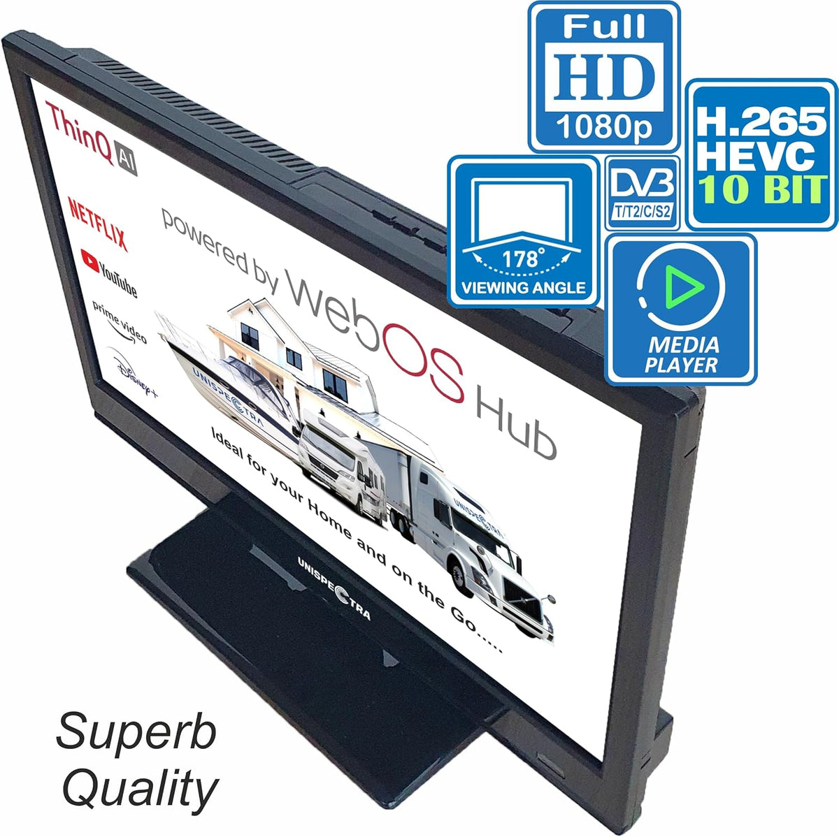 Unispectra ® 16" Smart TV (webOS) 12V Full HD LED 230v 24v Triple Tuner: Satellite, Terrestrial, cable. HDMI USB Telecomando magico TV 12V for camper, caravan, furgone, boat